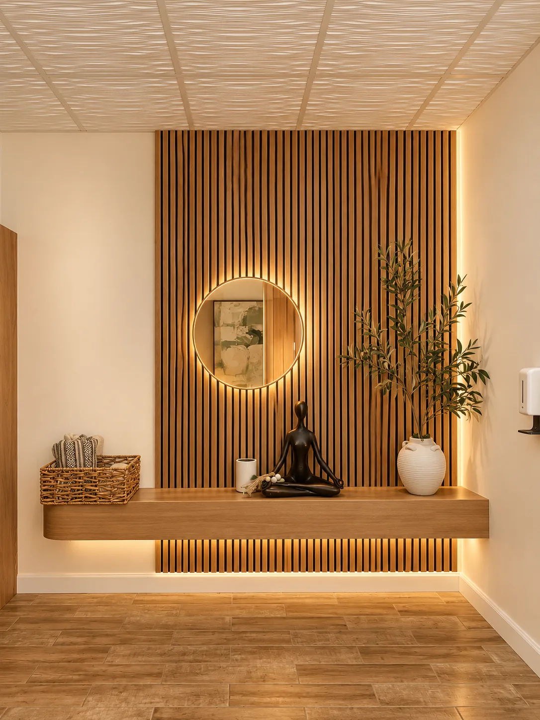 Calm wellness nook with wood wall and mirror at Las Vegas Medical and Wellness
