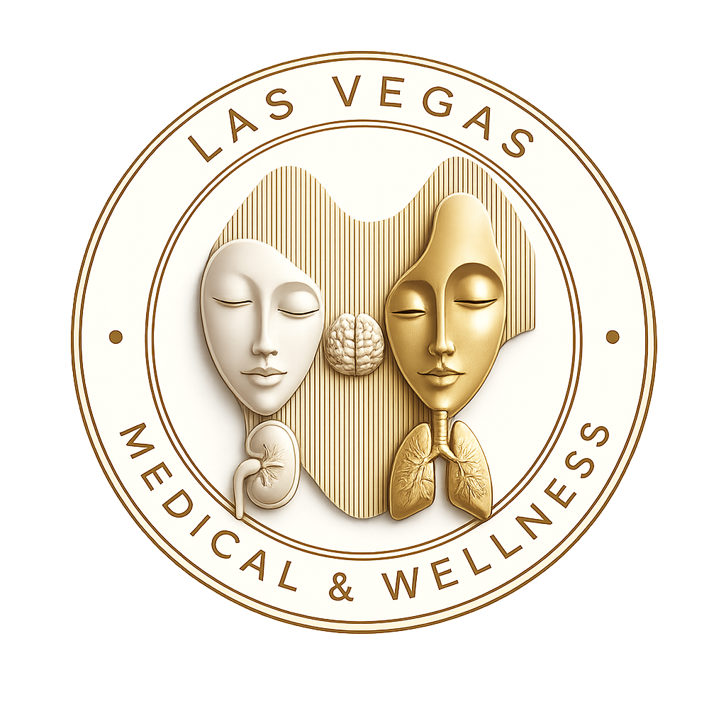 Las Vegas Medical and Wellness, gold and ivory medallion logo